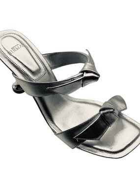 ALEXANDRE BIRMAN SILVER METALLIC BOW DETAIL CLARITA SQUARE 85 LEATHER SANDAL
